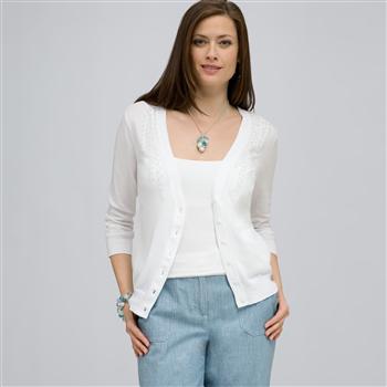 Beaded 3/4 Sleeve Cardigan. x0028, White, large