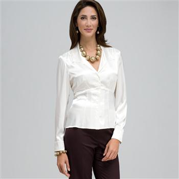 Long Sleeve Seamed Button Front Shirt x0048, Ivory, large