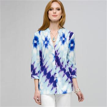 3/4 Sleeve Pleated Tunic x0037, Tropical Blue Combo, large