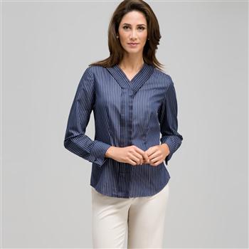 Striped Pleated Ruffle Front Shirt x0016, Admiral Navy & White, large