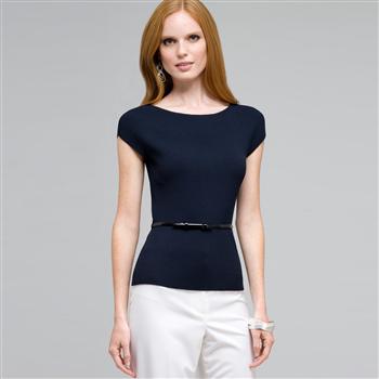 Belted Boat Neck Sleeve Top x0038, Ink, large