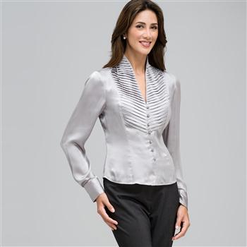 Pleated Bib Long Sleeve Shirt x0055, Silver Grey, large