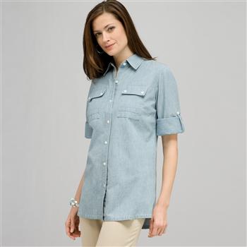 Roll Sleeve Blouse. x0011, Chambray Blue, large