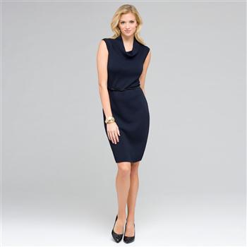 Sleeveless Belted Cowl Neck Dress x0057, Ink, large