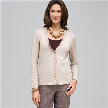 Long Sleeve Ruffle Front Trim Cardigan x0014, Fawn Heather, large