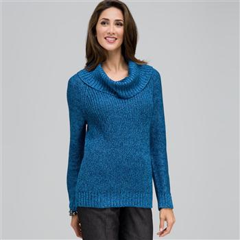 Cowl Neck Tweed Pullover Sweater x0032, Royal Teal Multi, large