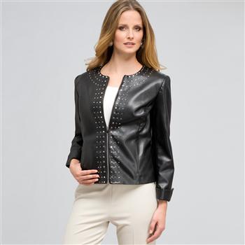 Leather Top Front Studded Jacket x0061, Black, large